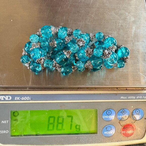 VTG Blue Swirl Bead Silver Scroll Cap Necklace Retro 50's Strand 25" Length - Picture 7 of 7